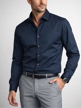 Elevee Custom Clothing Navy Button Front Long Sleeve Dress Shirt L